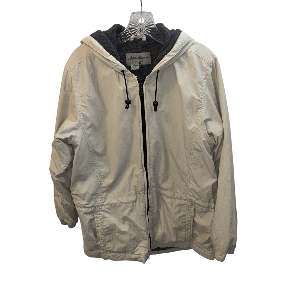 Eddie Bauer Women's M Fleece Lined Hooded Jacket Beige Zip Up Windbreaker Coat